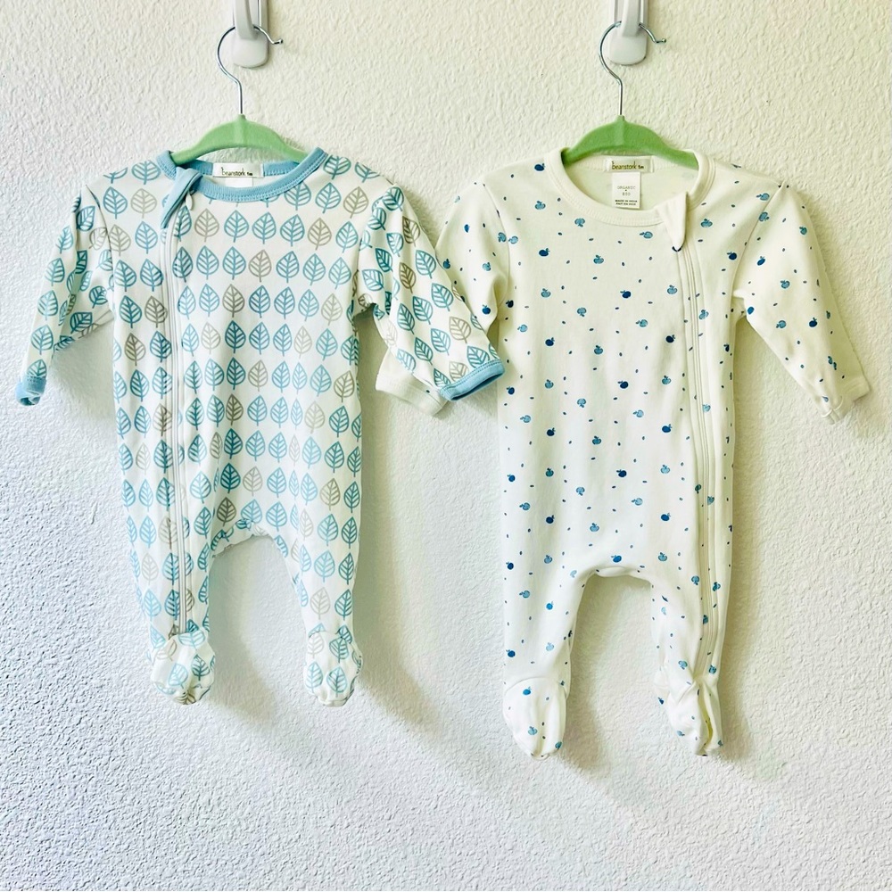 Beanstork Zippered Footie Pajama Set Sz 1M Blue White 100% Organic Cotton NWOT